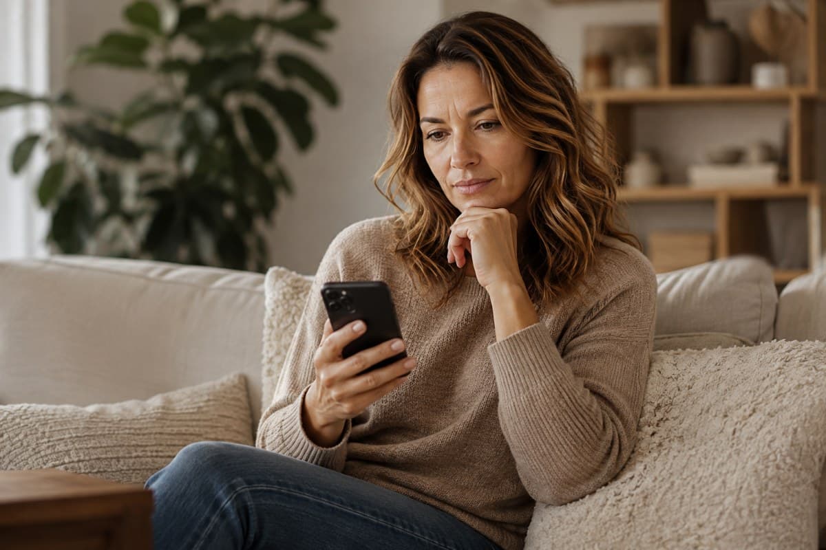 Frau sitzt nachdenklich mit dem Smartphone auf dem Sofa