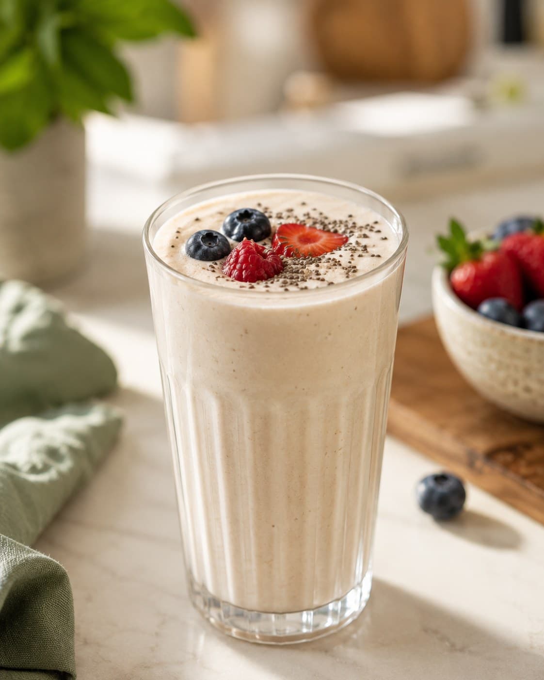 Proteinreicher Morgen-Smoothie mit frischen Beeren und Chiasamen
