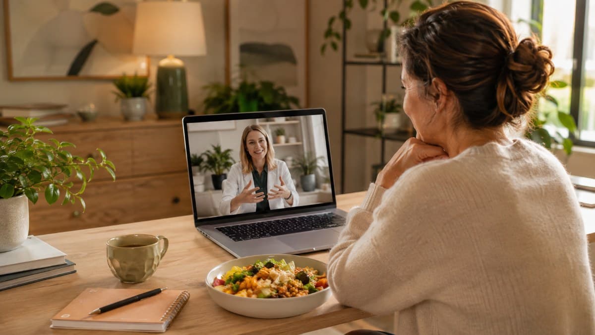 Frau im Videocall mit einer Ernährungsberaterin, davor eine gesunde Bowl