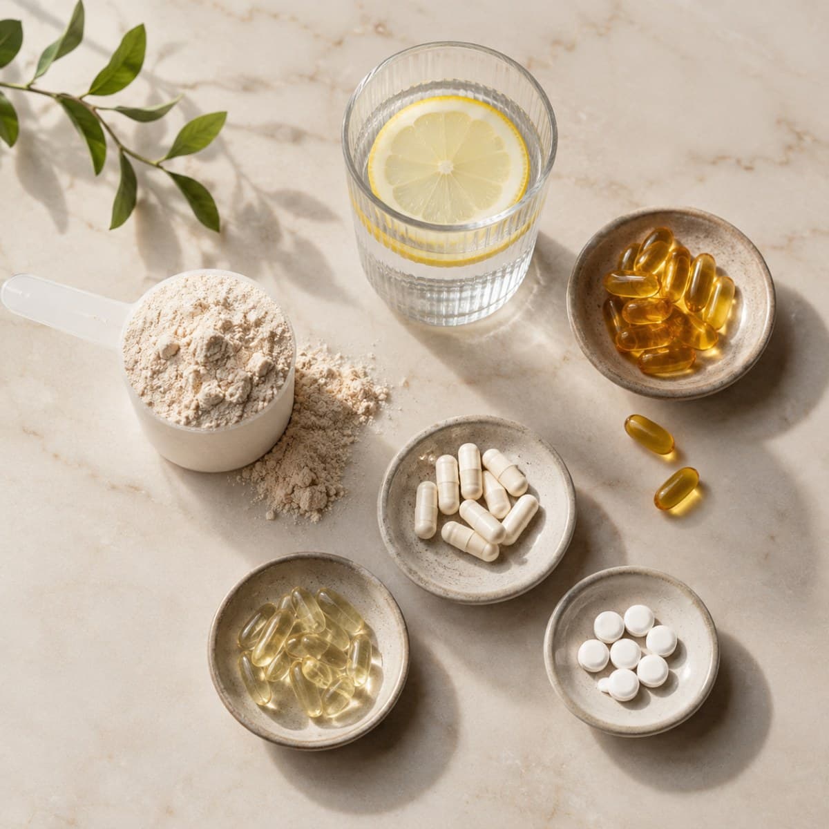 Nahrungsergänzungsmittel, Proteinpulver und ein Glas Wasser von oben fotografiert